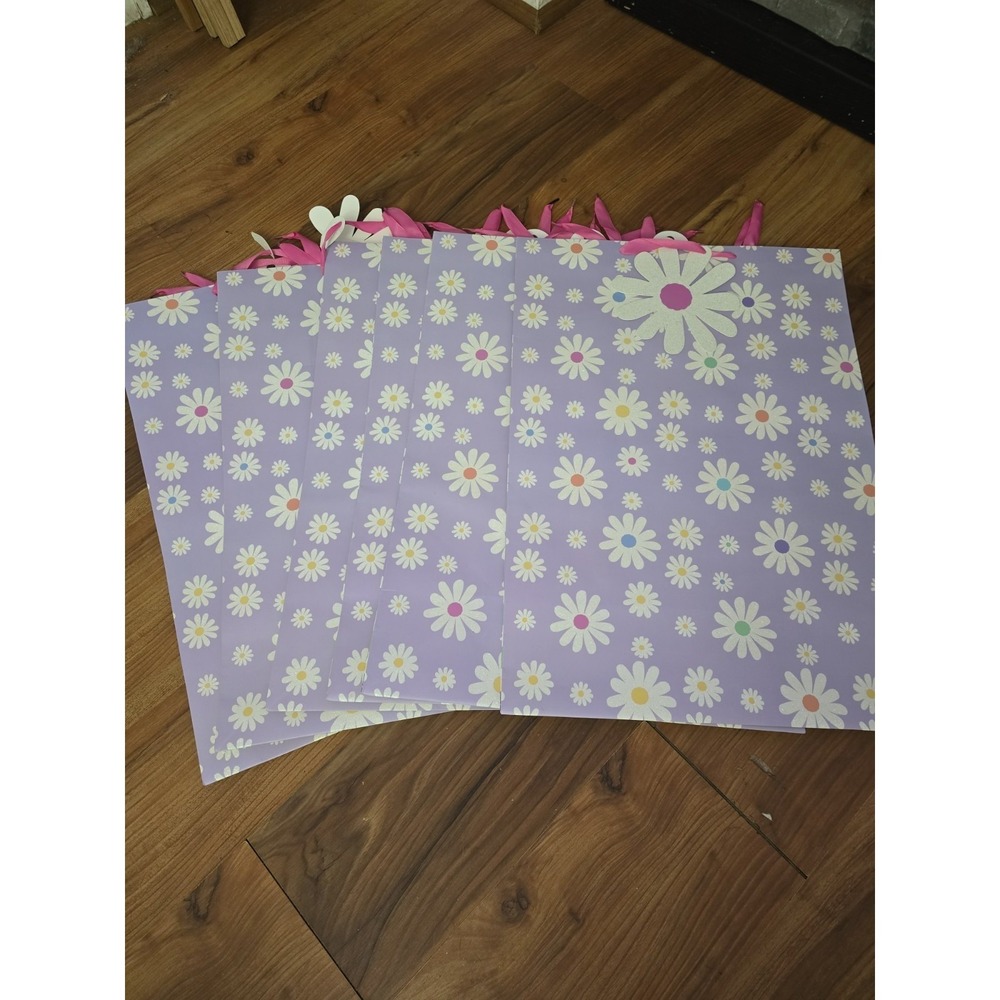 6 XL Gift Bags Daisy Floral Purple 16.75x8.75x23.75 Party Handle Bows Sparkles
